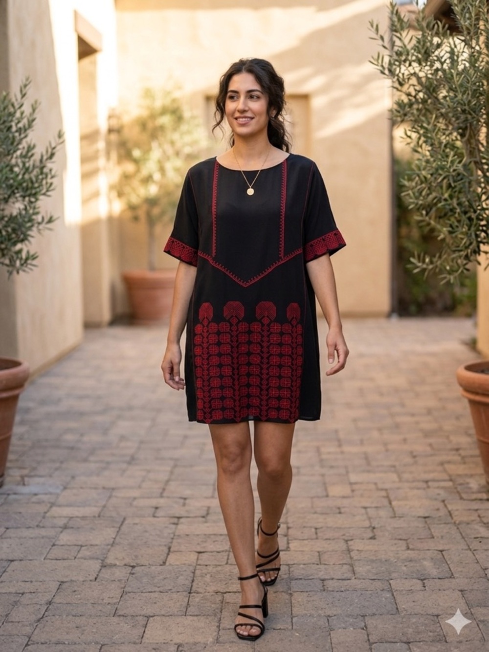 Anthropologie Silk Black Shift Dress with Red Embroidered Detailing Throughout